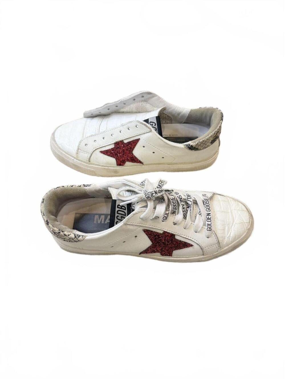 Golden Goose May White Croc-Embossed Sneakers Red Glitter Star Snake Print Sz 7 - Picture 6 of 13
